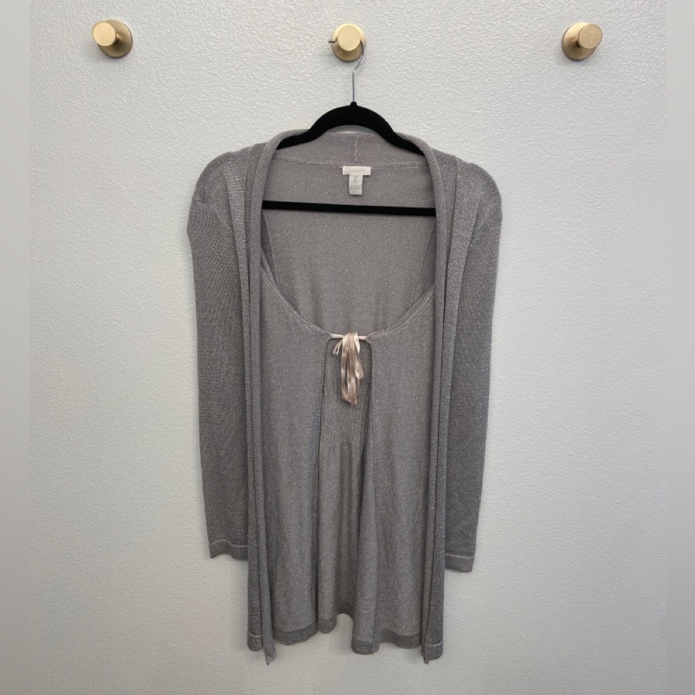 Chico’s Silky Pink Tie Front Cardigan Sweater Grey Silver Sparkle Fleck Size 2